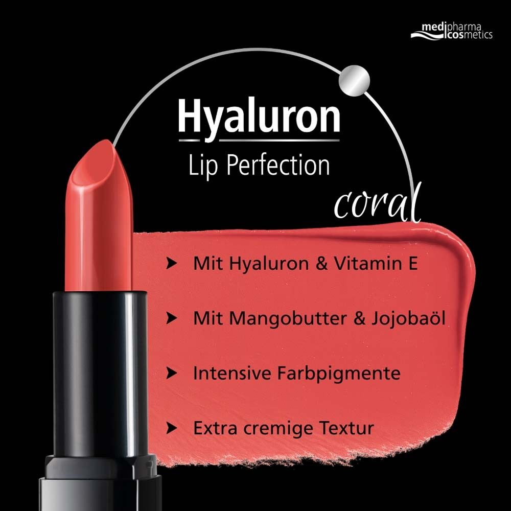 Korallenfarbener Lippenstift auf schwarzem Hintergrund. Text: Hyaluron Lip Perfection, coral, Inhaltsstoffe.