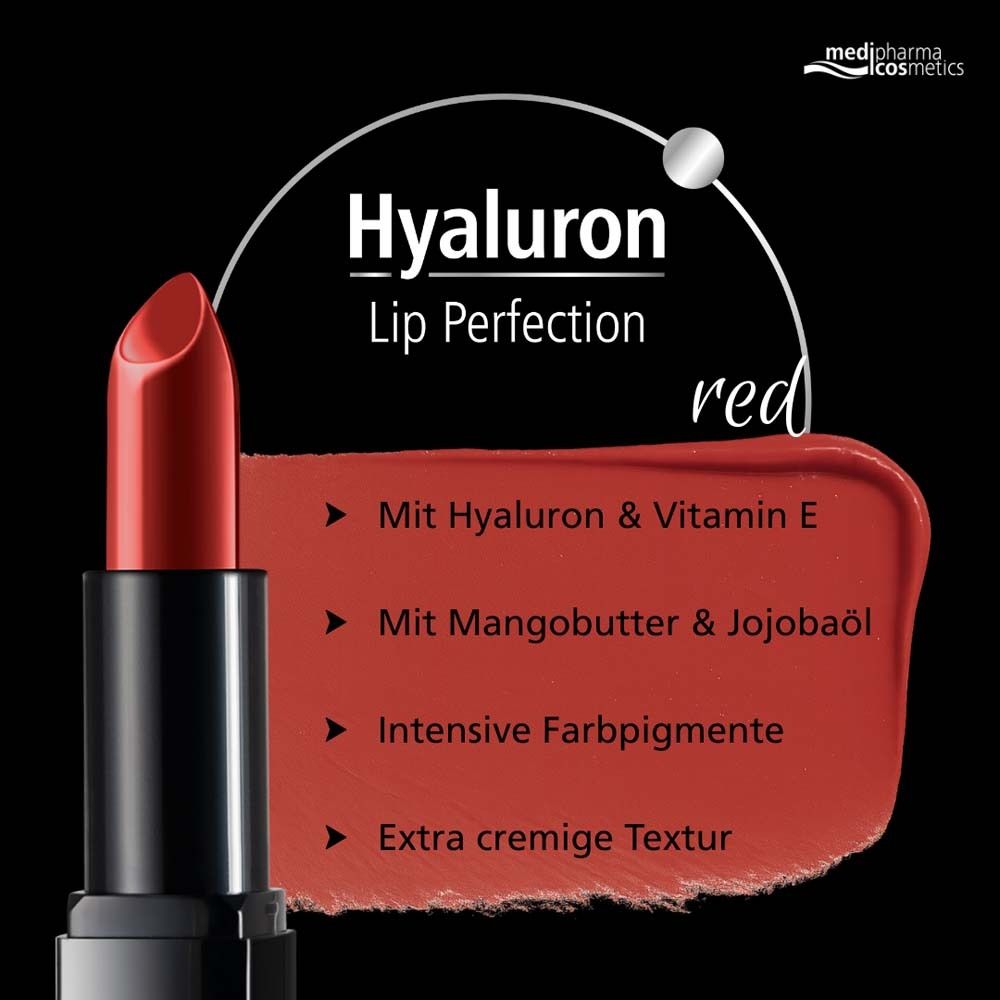 Roter Lippenstift mit Text: Hyaluron Lip Perfection red. Text: Mit Hyaluron & Vitamin E, Mit Mangobutter & Jojobaöl, etc.