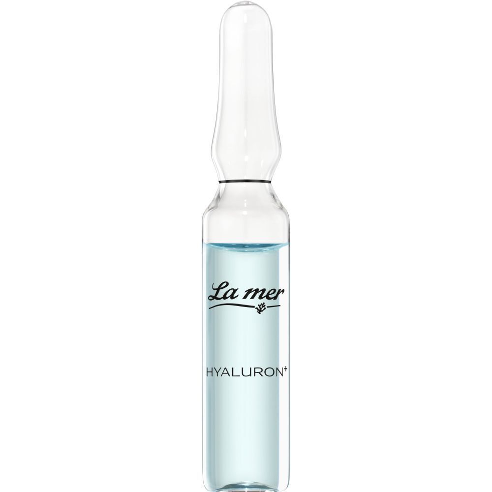 Klare Glasampulle mit blauer Flüssigkeit. Aufschrift "La mer" und "HYALURON".