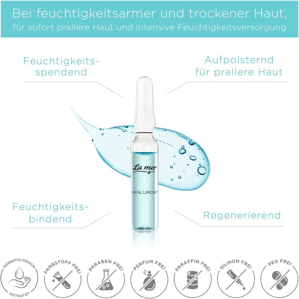 Ampulle mit blauer Flüssigkeit. Grafiken und Text zu Eigenschaften: feuchtigkeitsspendend, bindend, etc.