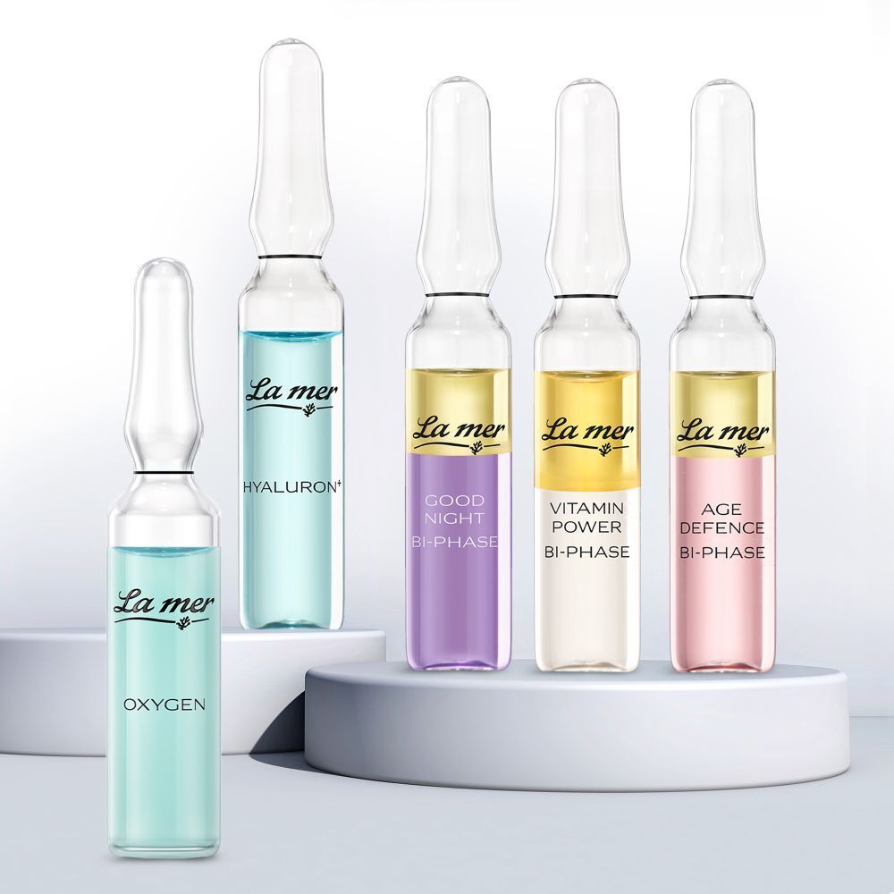 Fünf Ampullen nebeneinander. HYALURON, OXYGEN, GOOD NIGHT, VITAMIN POWER, AGE DEFENCE.