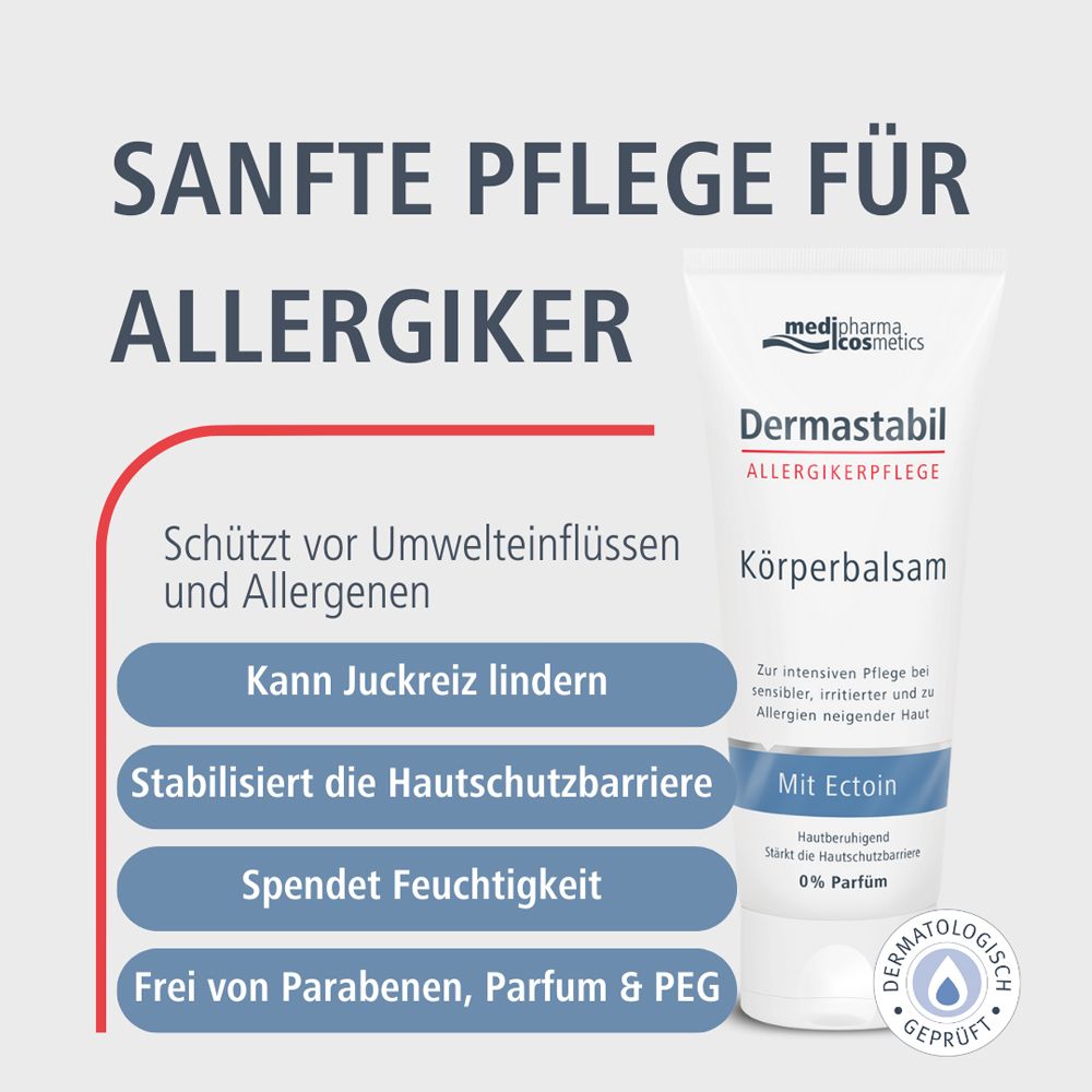 Text mit Überschrift: Sanfte Pflege für Allergiker. Aufzählung: Schützt vor Umwelteinflüssen, lindert Juckreiz, stabilisiert Hautschutzbarriere.