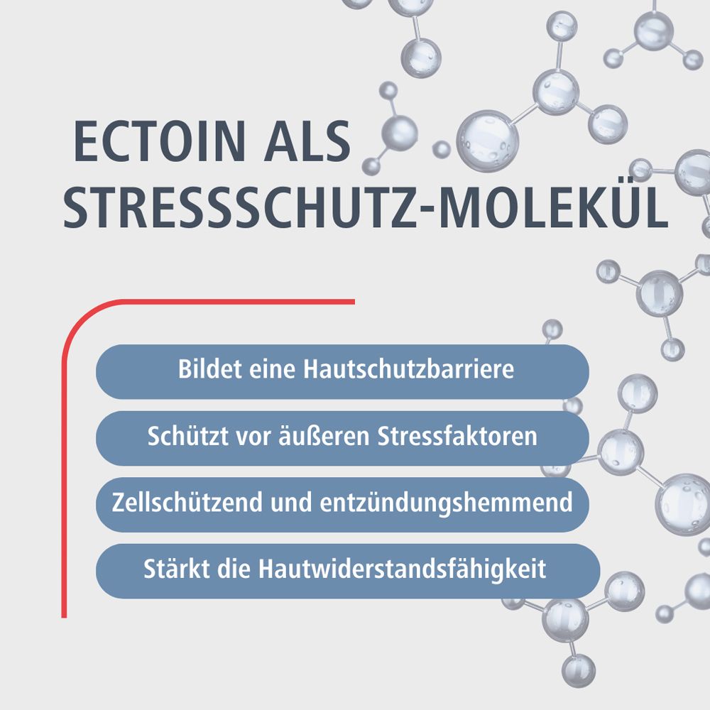 Text mit Überschrift: Ectoin als Stressschutz-Molekül. Aufzählung: Bildet Hautschutzbarriere, schützt vor Stressfaktoren, zellschützend.