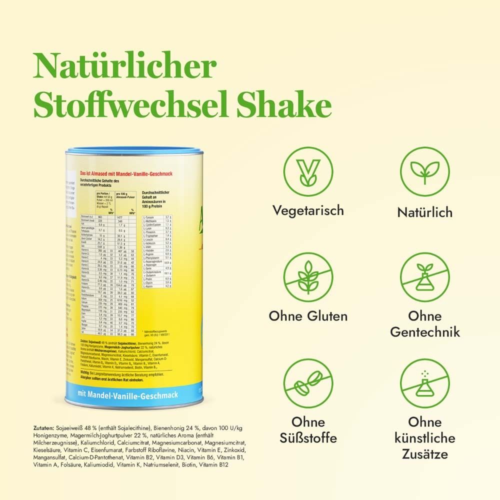 Dose mit Text und Symbolen: Vegetarisch, natürlich, glutenfrei, ohne Süßstoffe, ohne Gentechnik, ohne künstliche Zusätze.
