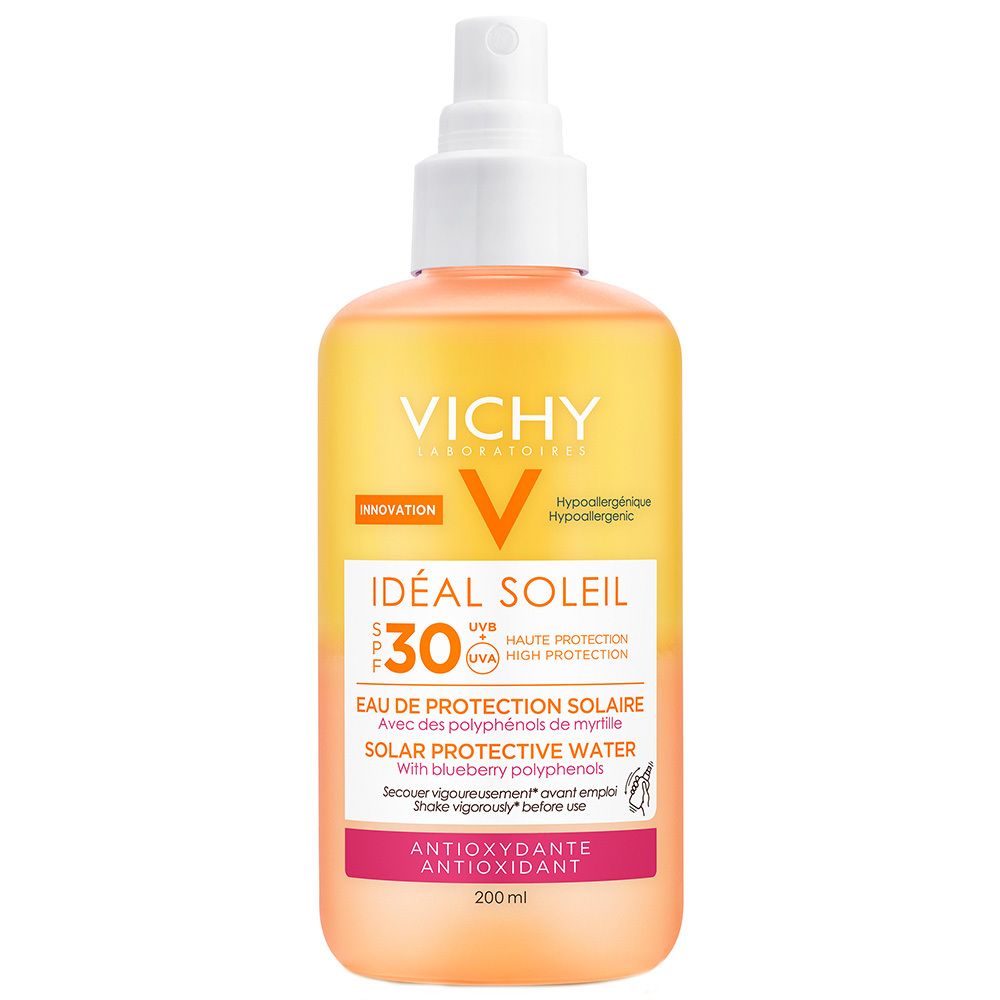 Sonnenspray-Pumpflasche. VICHY-Logo und Produktname. LSF 30. Sonnenschutzmittel mit Blaubeer-Polyphenolen. 200 ml.