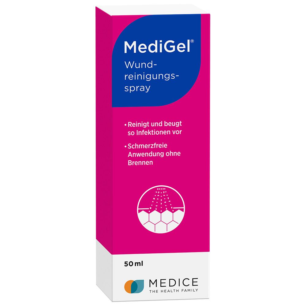 MediGel Wundreinigungsspray. Weiße Sprühflasche und Verpackung. Rosa Akzente. Text: MediGel, Wundreinigungs-Spray.