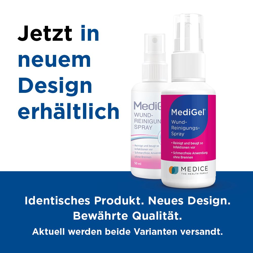 Zwei MediGel Wundreinigungs-Spray Flaschen. Text: Jetzt in neuem Design erhältlich. Identisches Produkt. Neues Design. Bewährte Qualität.