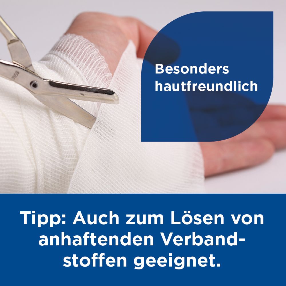 Text: Entfernt Schmutz, Zelltrümmer und Mikroorganismen aus der Wunde. Keine bekannten Nebenwirkungen. Regt die Wundheilung an.