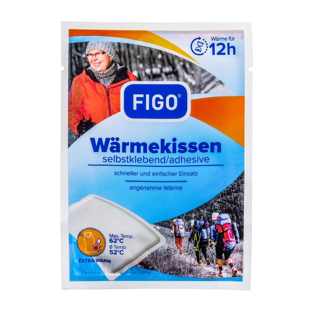 Verpackung FIGO Wärmekissen, selbstklebend. Enthält ein Wärmekissen. Aufdruck: Wärme für 12h, Max. Temp. 62°C, Extra Warm.