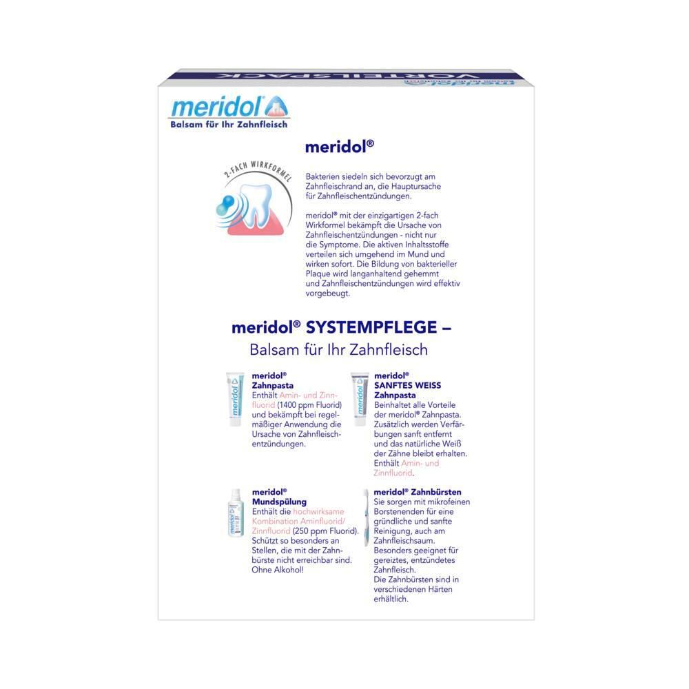 Rückseite der meridol-Verpackung. Textinformationen über die Produkteigenschaften und Inhaltsstoffe. Abbildungen von Zahnpasta und Mundspülung.