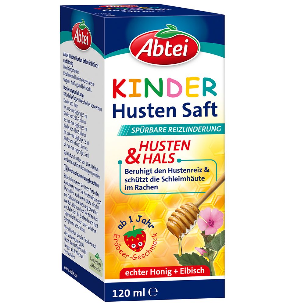 Abtei Kinder Husten Saft Erdbeere. Karton mit Produktinformationen. Erdbeer-Geschmack, Honig und Eibisch.