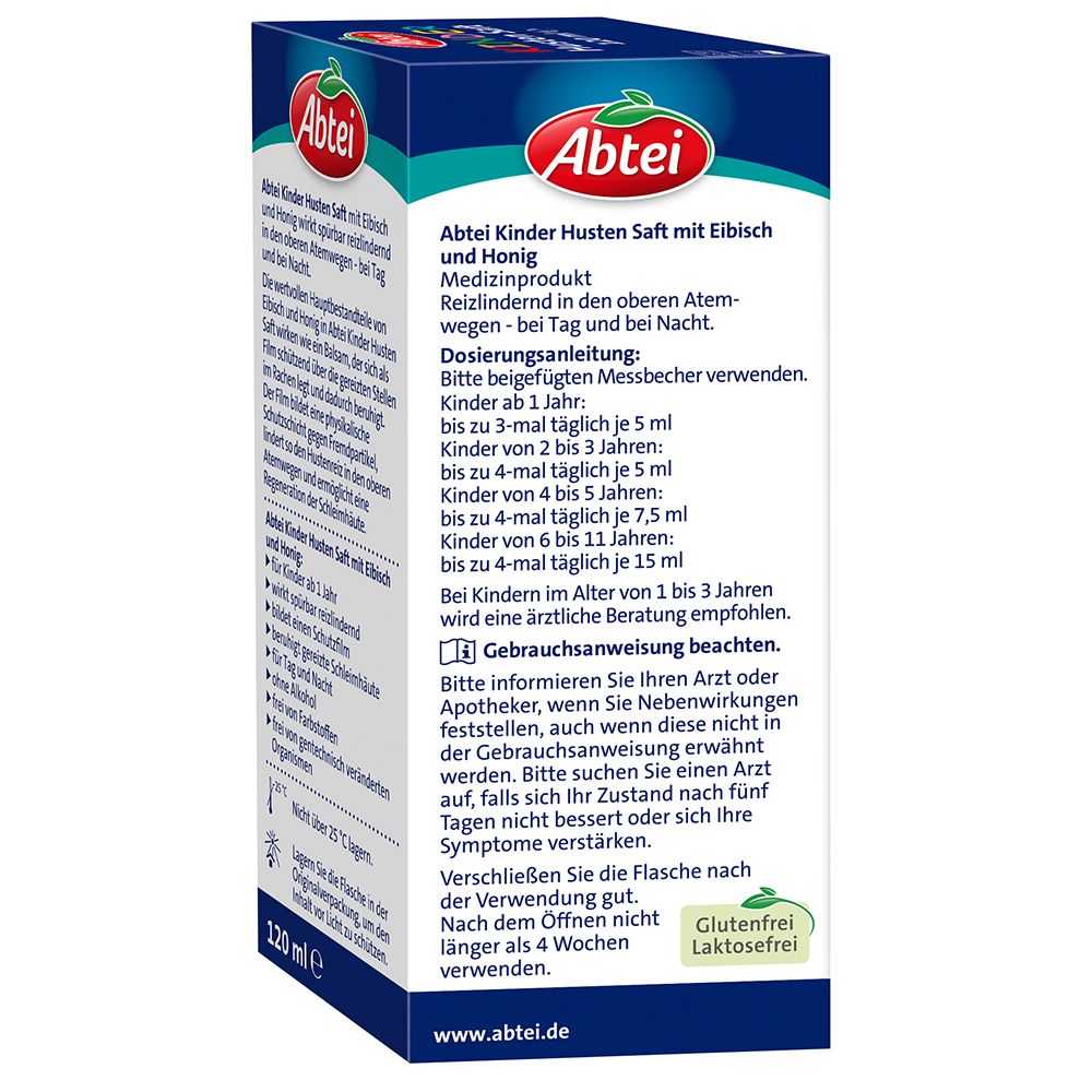 Rückseite der Abtei Kinder Husten Saft Erdbeere Verpackung. Dosierungsanleitung, Inhaltsstoffe, Hinweise.