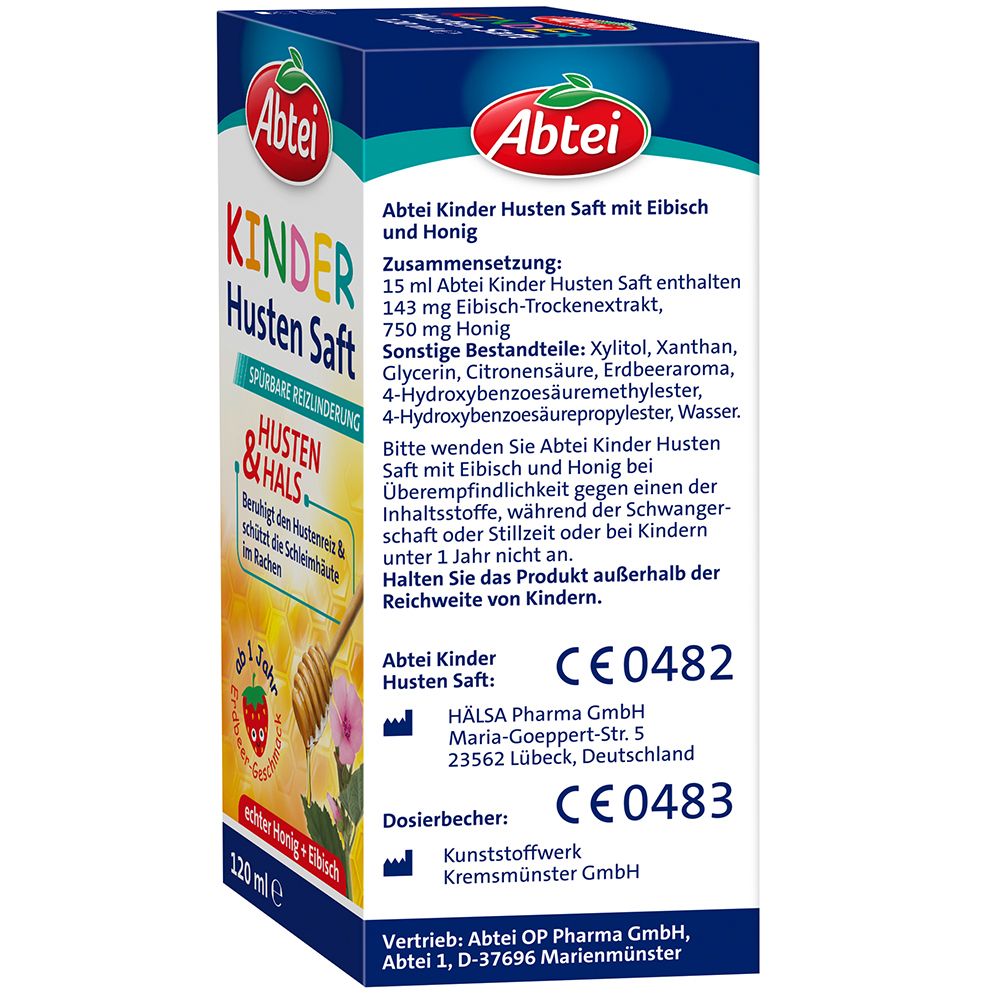 Rückseite der Abtei Kinder Husten Saft Erdbeere Verpackung. Inhaltsstoffe, Herstellerinformationen, CE-Kennzeichnung.