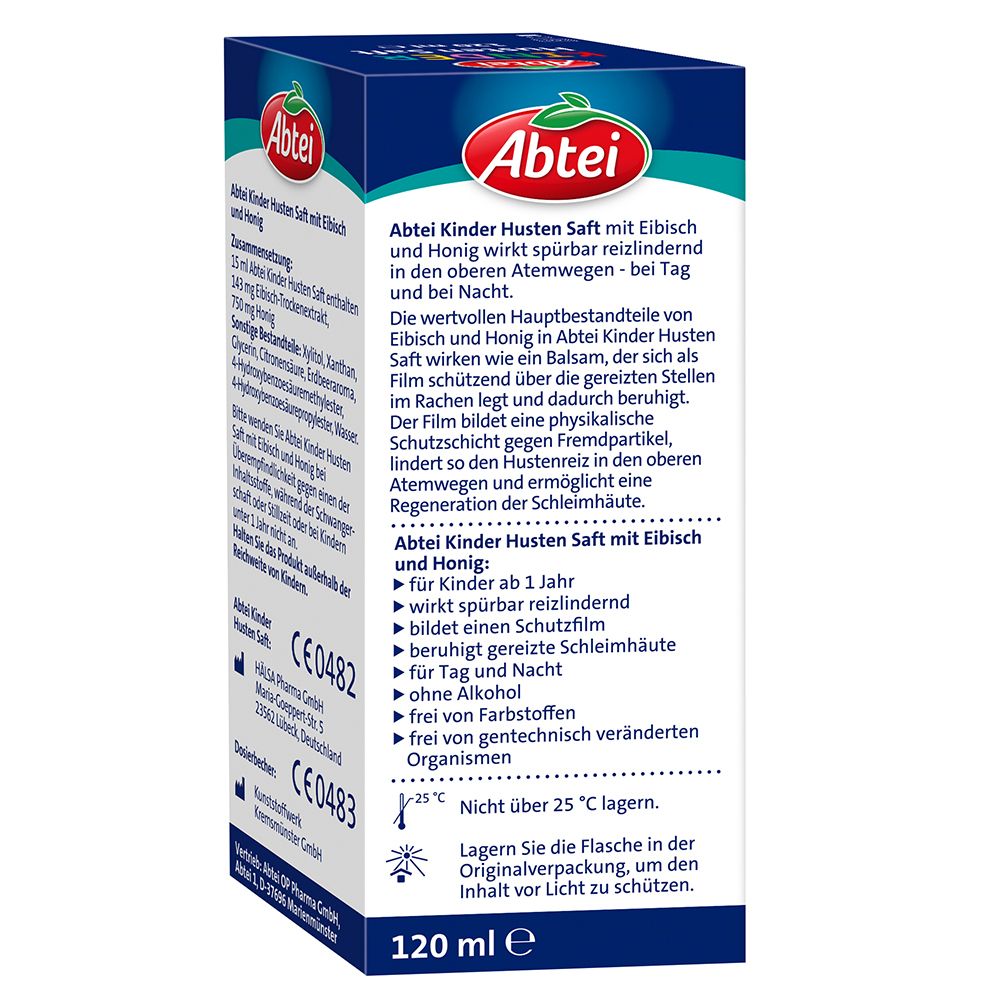 Rückseite der Abtei Kinder Husten Saft Erdbeere Verpackung. Produktinformationen, Lagerhinweise, CE-Kennzeichnung.