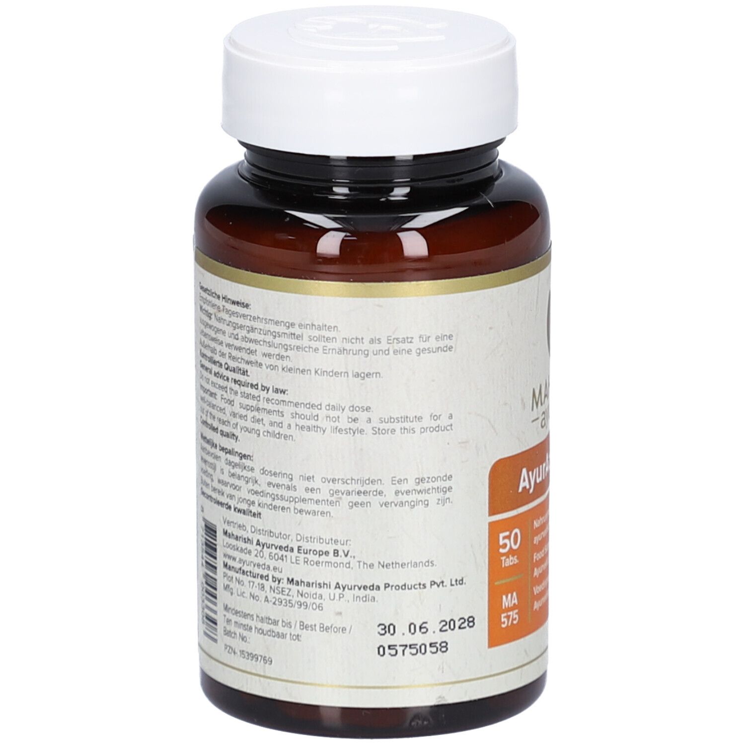 Rückseite der Tablettenflasche. Textinformationen in mehreren Sprachen. Herstellerinformationen und Mindesthaltbarkeitsdatum.