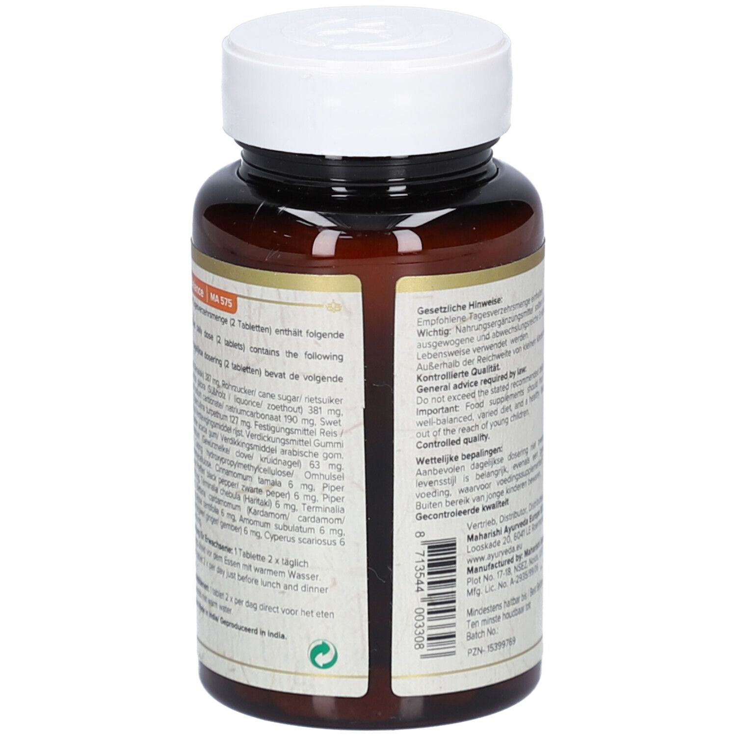 Rückseite der Tablettenflasche. Textinformationen in mehreren Sprachen. Auflistung der Inhaltsstoffe und allgemeine Hinweise.