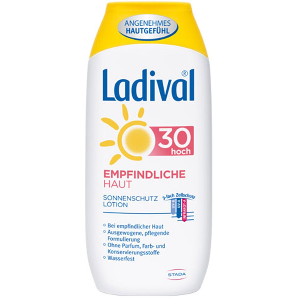 Ladival® Sonnenlotion. Weiße Flasche mit gelbem Deckel. Sonnenschutzfaktor 30. Aufschrift: EMPFINDLICHE HAUT.