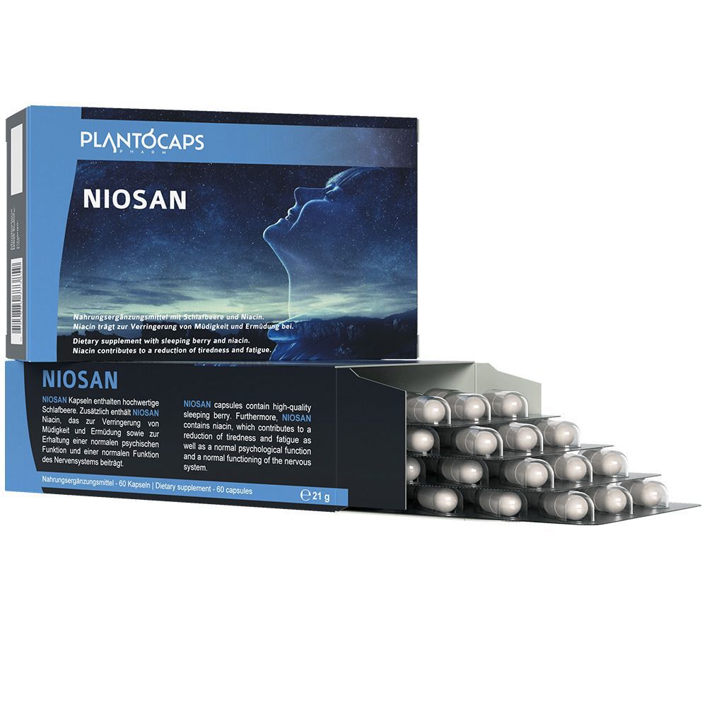 PlantoCaps NIOSAN Verpackung mit Sternenhimmel-Design und schlafender Profil-Illustration.