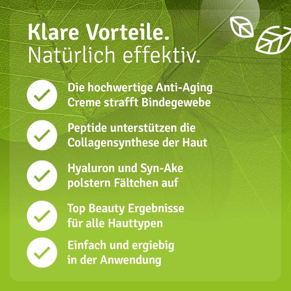 Text: Klare Vorteile. Natürlich effektiv. Anti-Aging Creme strafft Bindegewebe. Hyaluron polstern Fältchen auf.