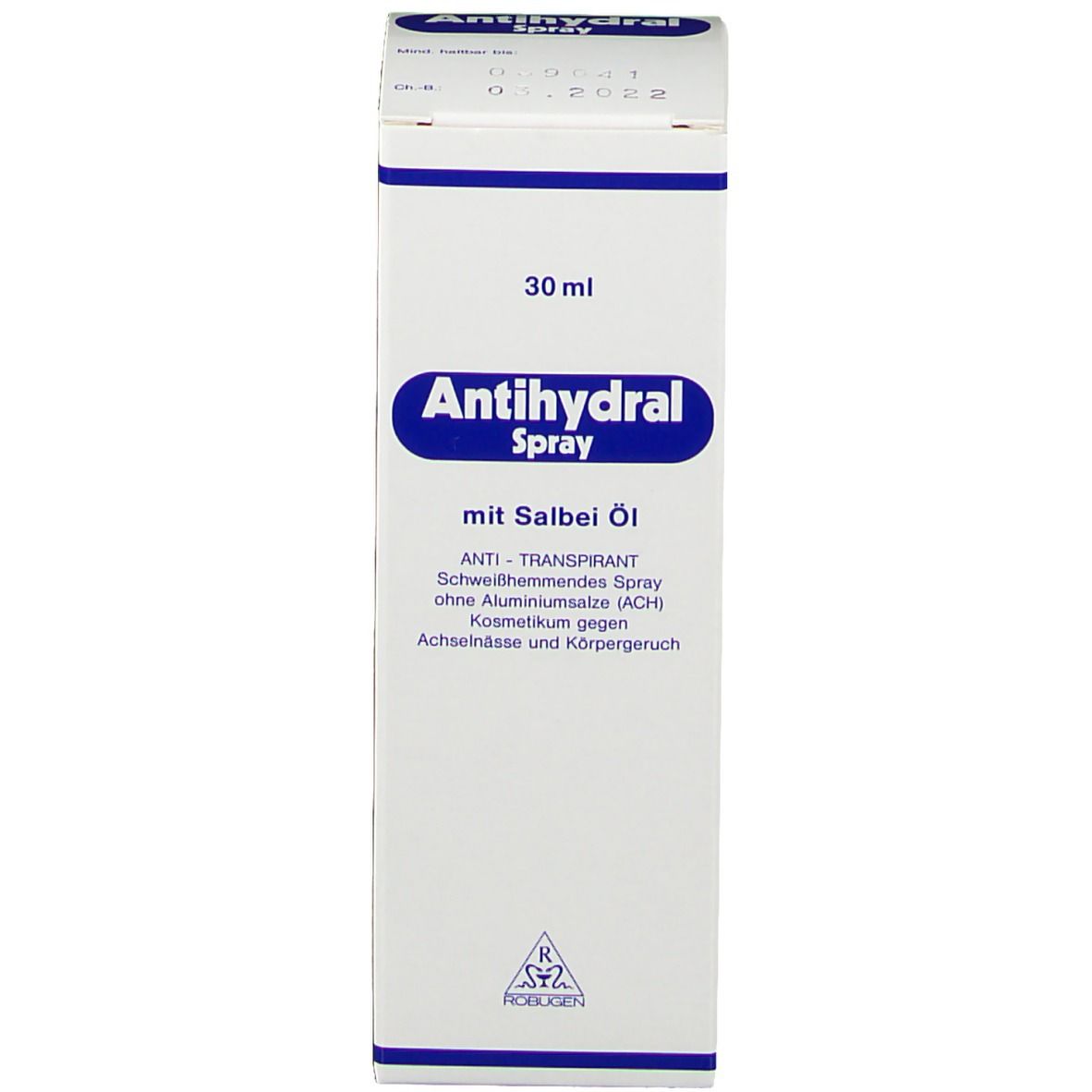 Produktverpackung. Beschriftung: Antihydral Spray, mit Salbei-Öl. 30 ml.