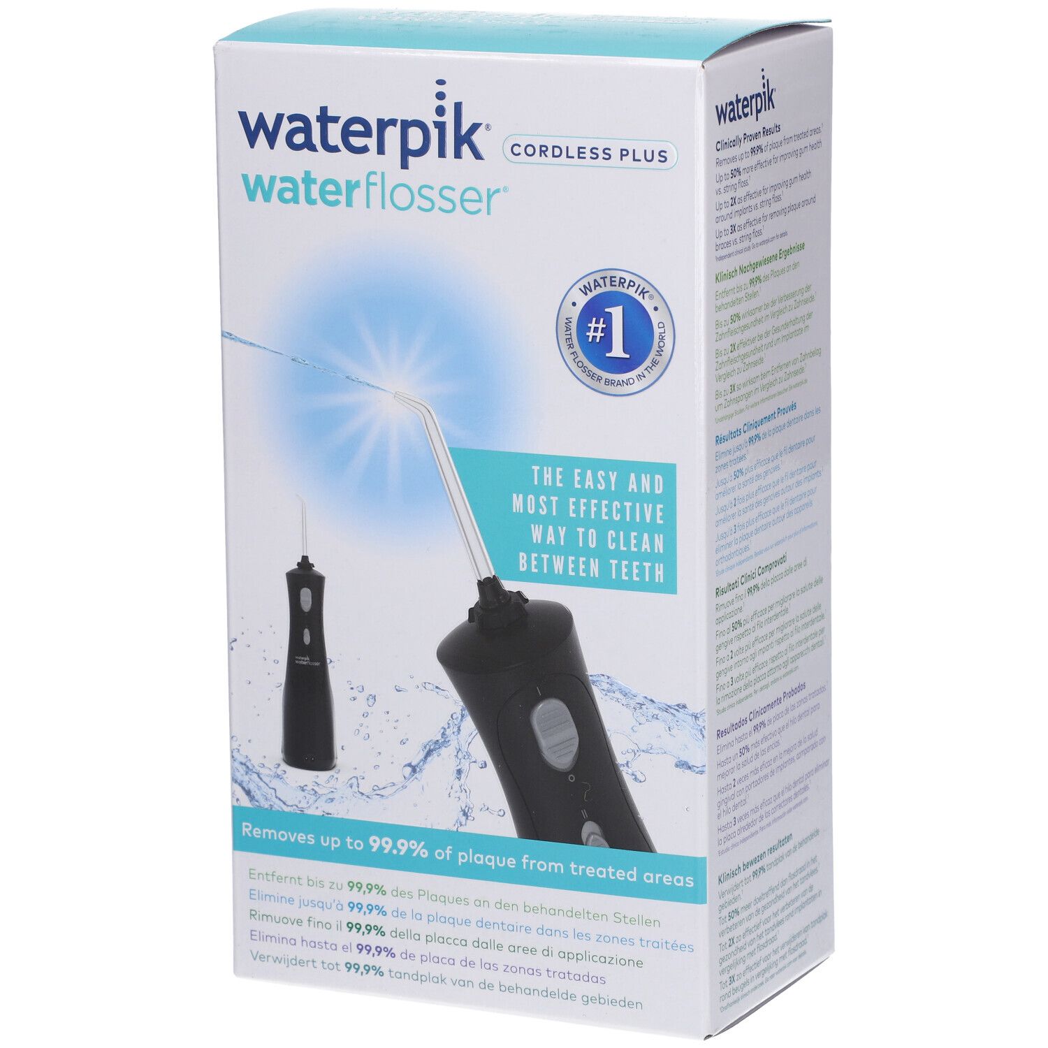 Verpackung des Waterpik Waterflosser. Produktabbildung und Text. #1-Logo und Text: 'Die einfachste und effektivste Art'.
