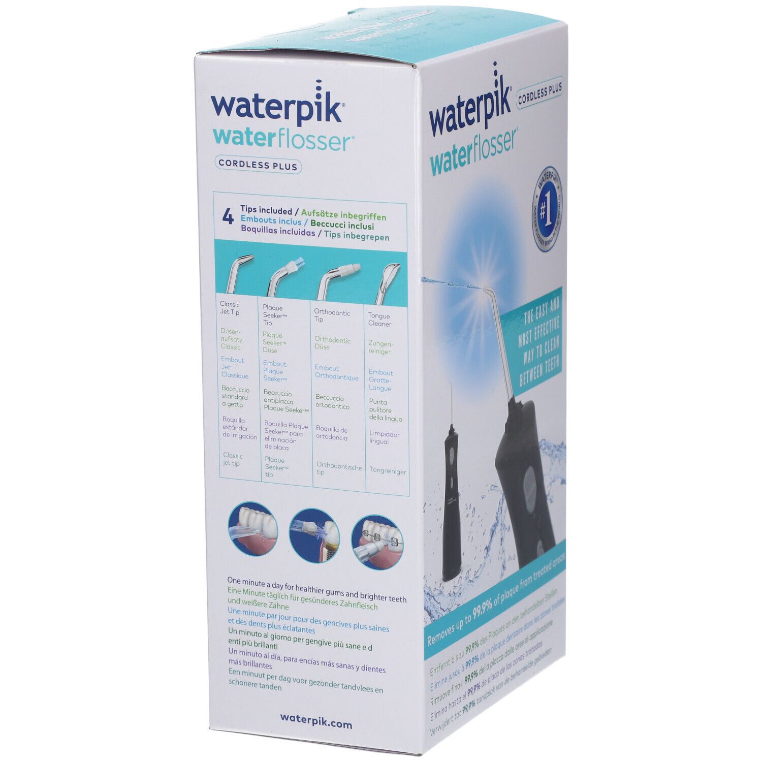 Waterpik Waterflosser-Verpackung. 4 Aufsätze abgebildet. Text: 'Die einfachste und effektivste Art, Zähne zu reinigen'.