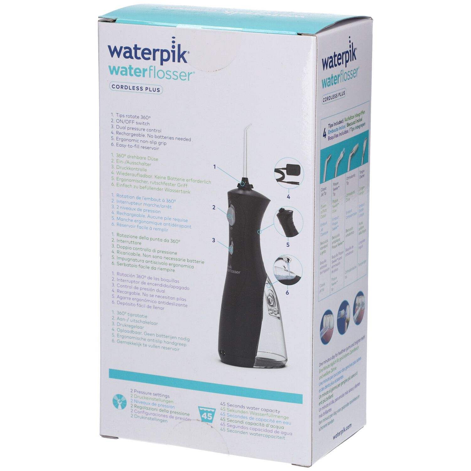 Waterpik Waterflosser-Verpackung. Produktabbildung mit Beschriftungen. Diagramm mit Produktmerkmalen und Anwendung.
