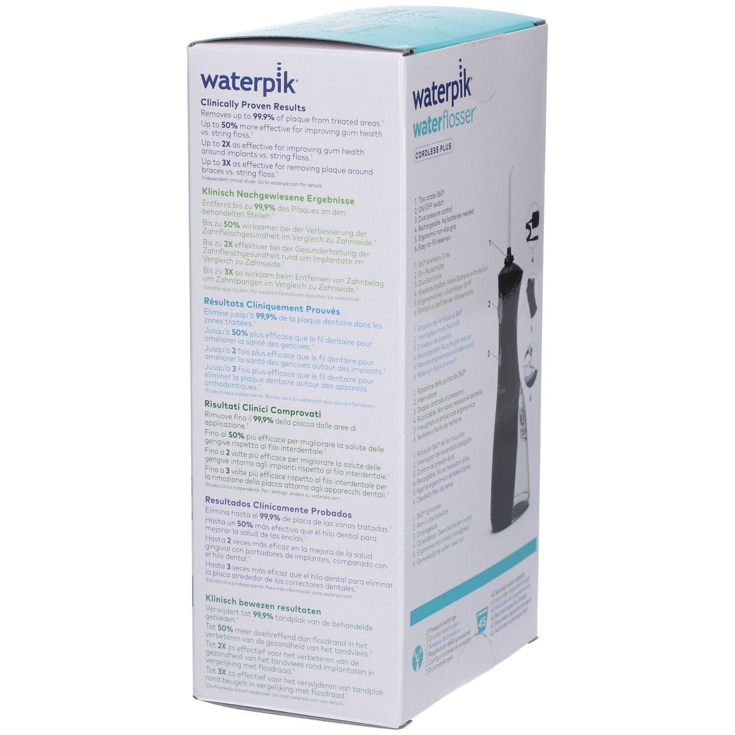 Waterpik Waterflosser-Verpackung. Text: 'Klinisch nachgewiesene Ergebnisse'. Diagramm mit Ergebnissen und Prozentsätzen.