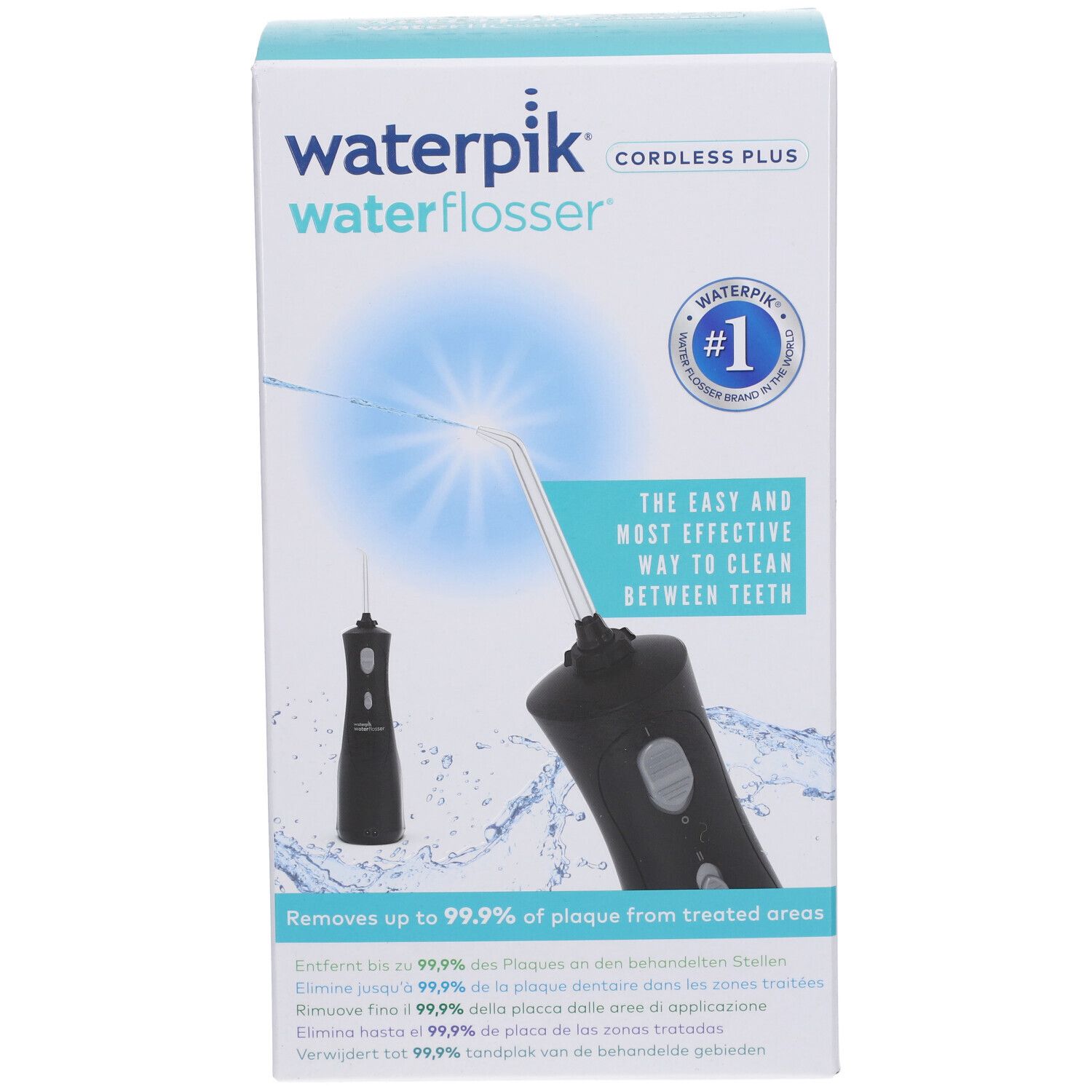 Waterpik Waterflosser-Verpackung. Produktabbildung und Text. #1-Logo und Text: 'Die einfachste und effektivste Art'.