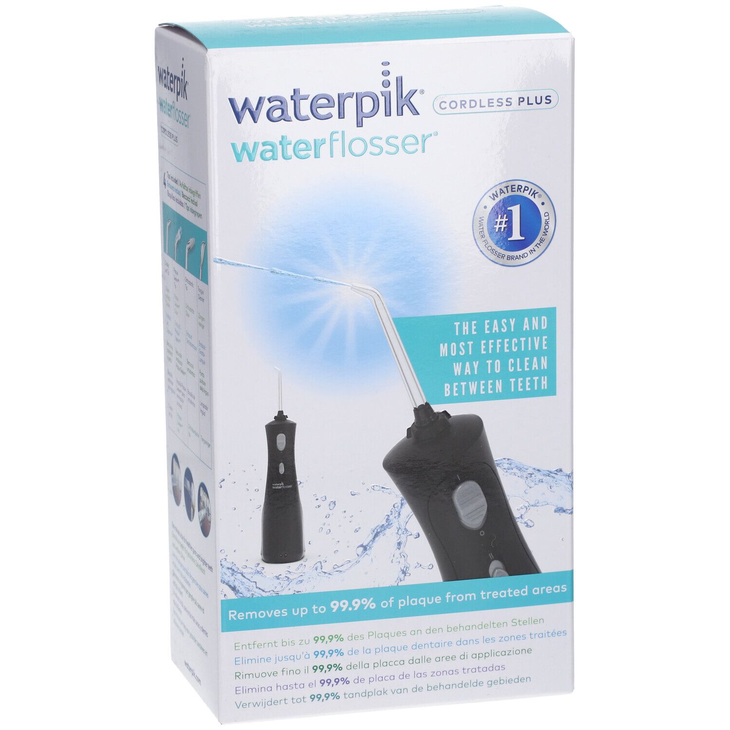 Waterpik Waterflosser-Verpackung. Produktabbildung und Text. #1-Logo und Text: 'Die einfachste und effektivste Art'.