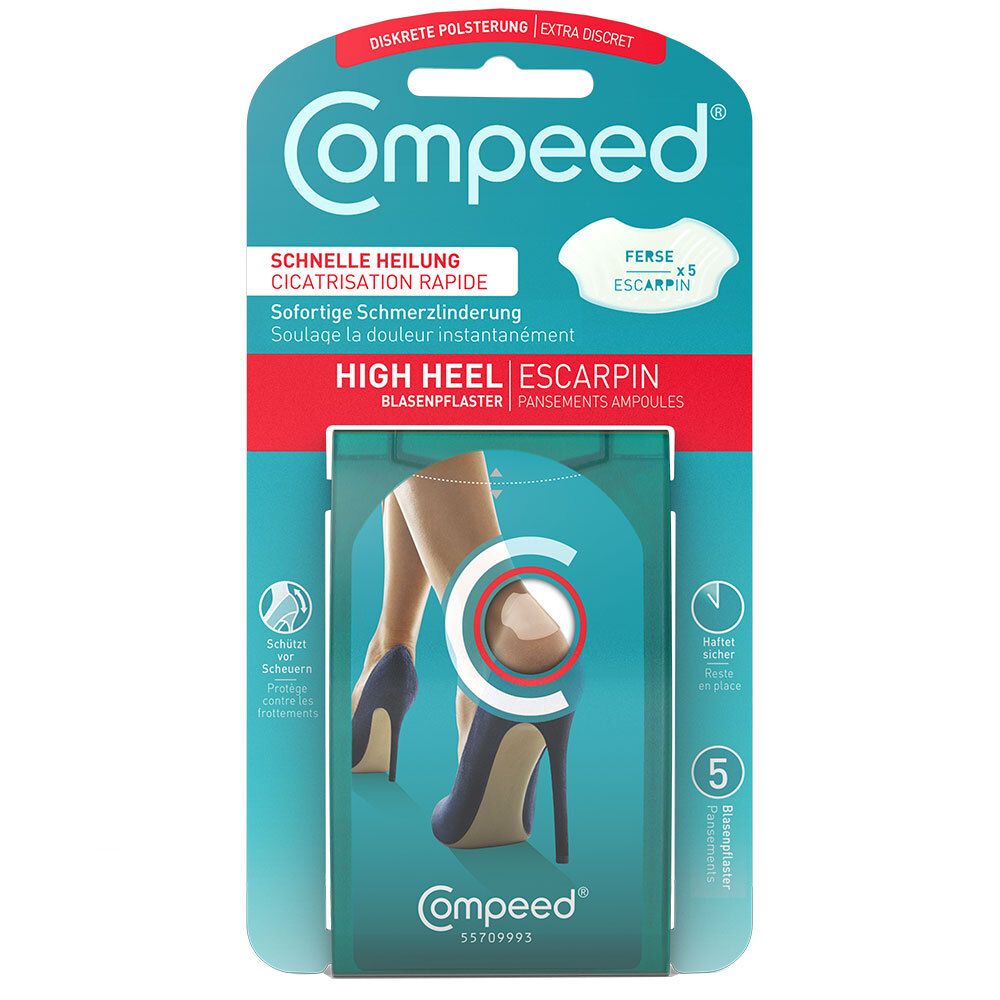 Verpackung mit Compeed® Blasenpflaster High Heel. Enthält 5 Pflaster. Schnelle Heilung, sofortige Schmerzlinderung.