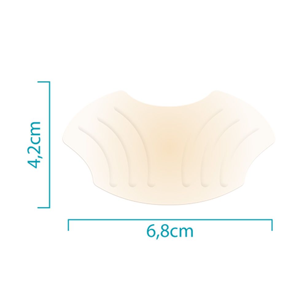Blasenpflaster, beige, 6,8 cm x 4,2 cm. Geformt für die Ferse. Mit Maßangaben.