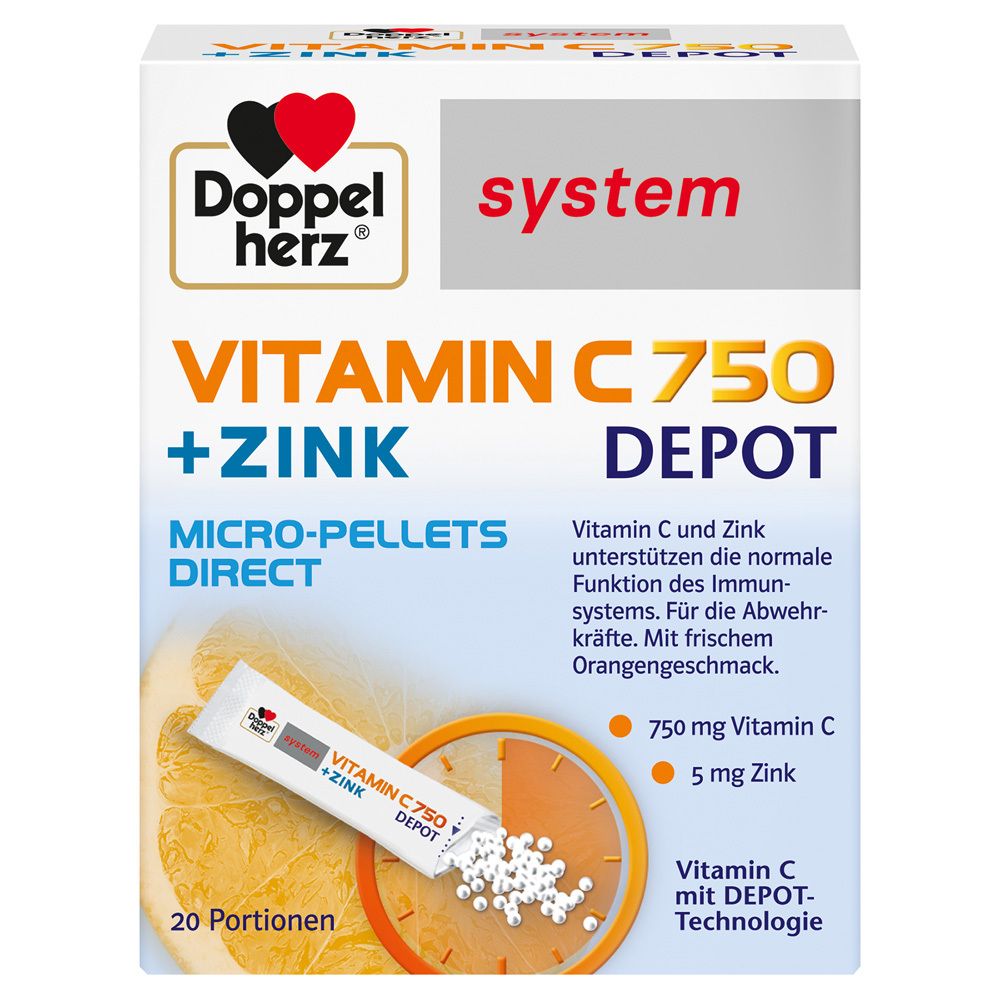 Doppelherz system Vitamin C 750 Depot. Weiße Schachtel mit Produktinformationen und Logo. Enthält 20 Portionen.