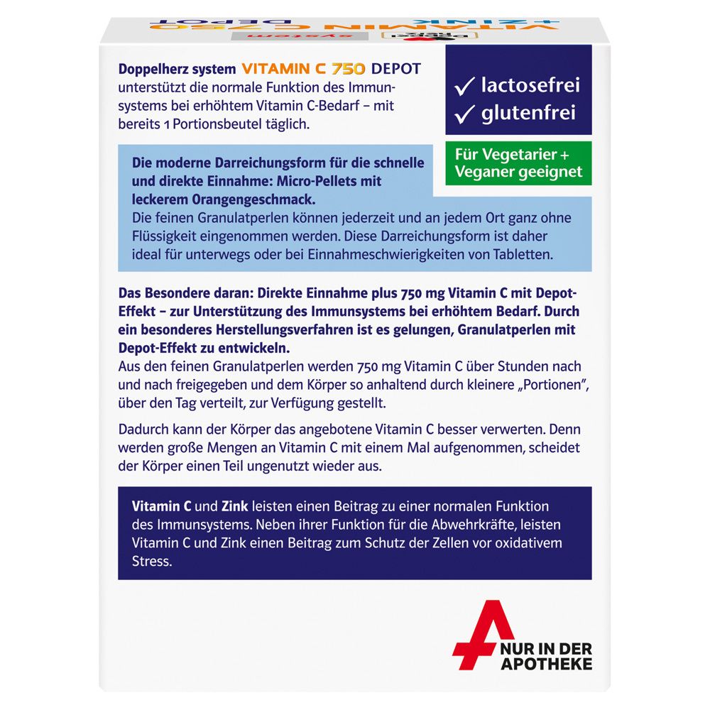 Rückseite der Doppelherz system Vitamin C 750 Depot Verpackung. Text über Inhaltsstoffe, Anwendung und Zertifizierungen.