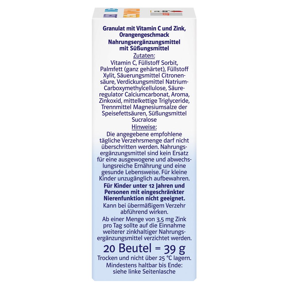 Seite der Doppelherz system Vitamin C 750 Depot Verpackung. Enthält Zutatenliste und Anwendungshinweise.