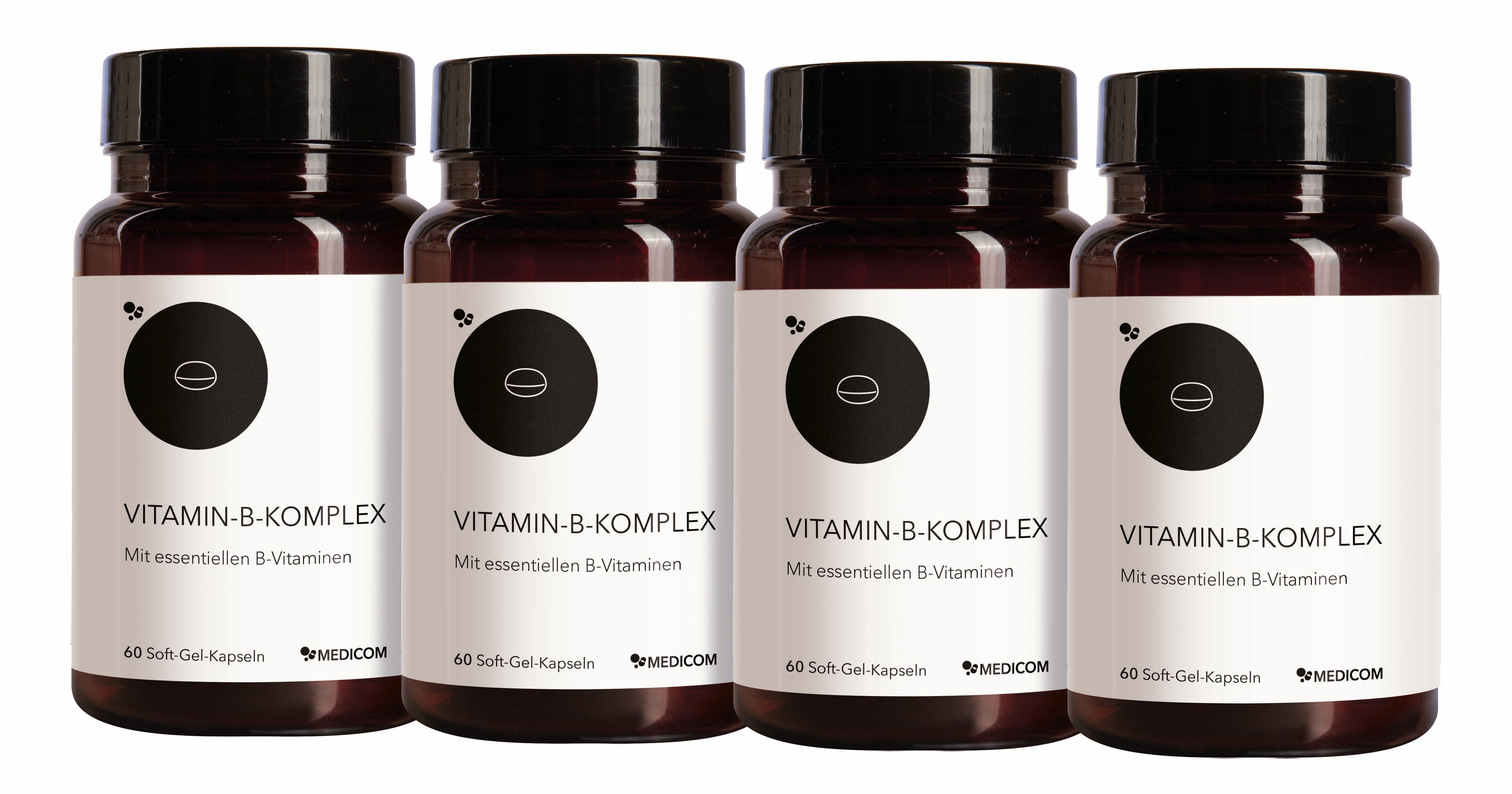 Vier Packungen VITAMIN-B-KOMPLEX. Weiße Schachteln mit blauen Akzenten und Produktinformationen. MEDCOM-Logo.