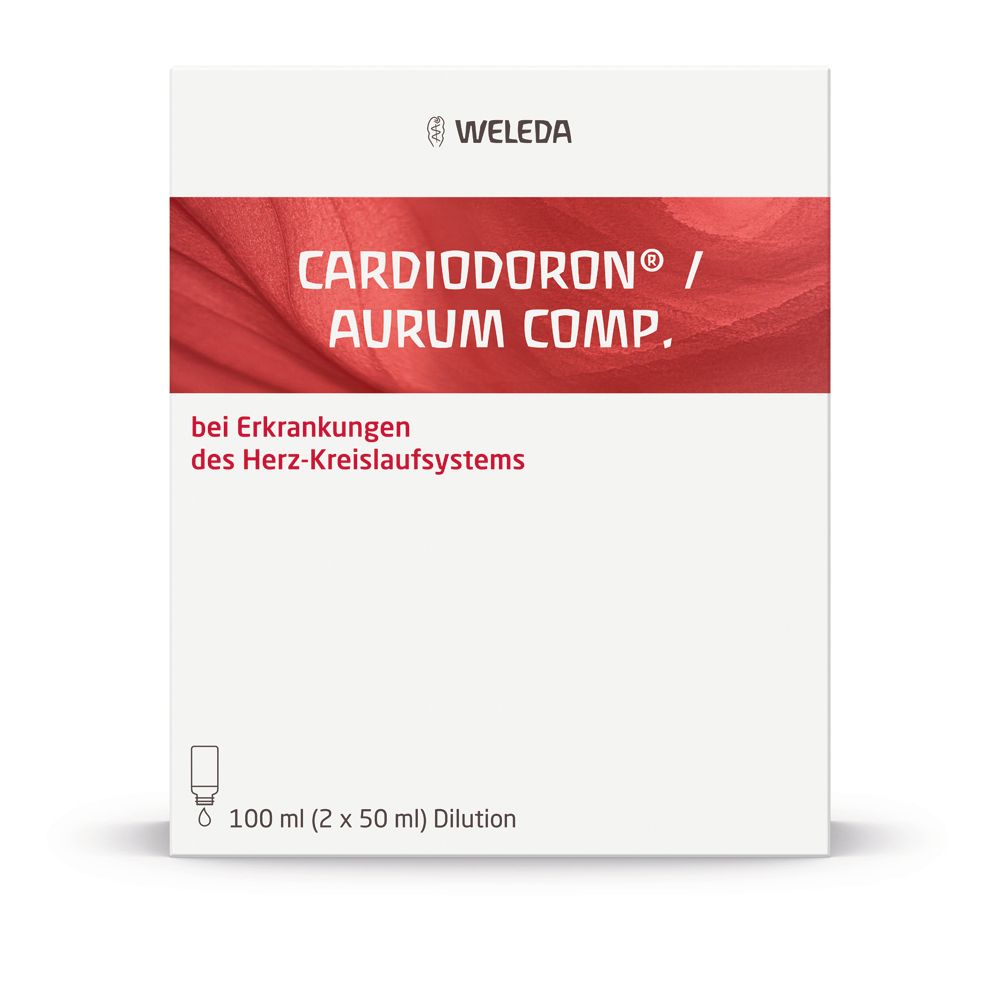 Weiße Schachtel mit rotem Streifen. Aufschrift: "Cardiodoron® / Aurum comp." von Weleda.