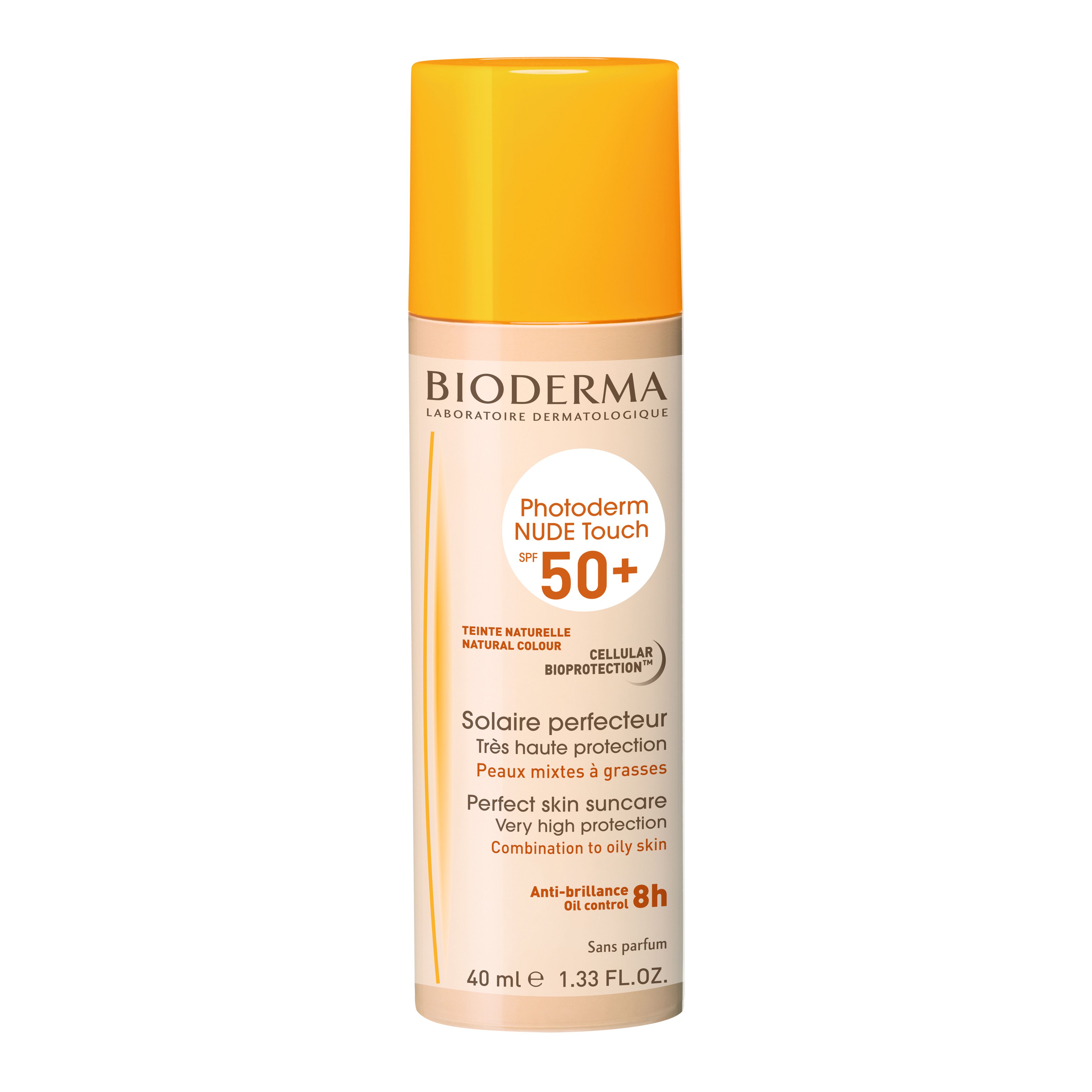 BIODERMA Photoderm NUDE Touch SPF 50+ Flasche. Beige, mit gelbem Deckel. Text: SPF 50+, Sonnenschutz, für Mischhaut bis fettige Haut.