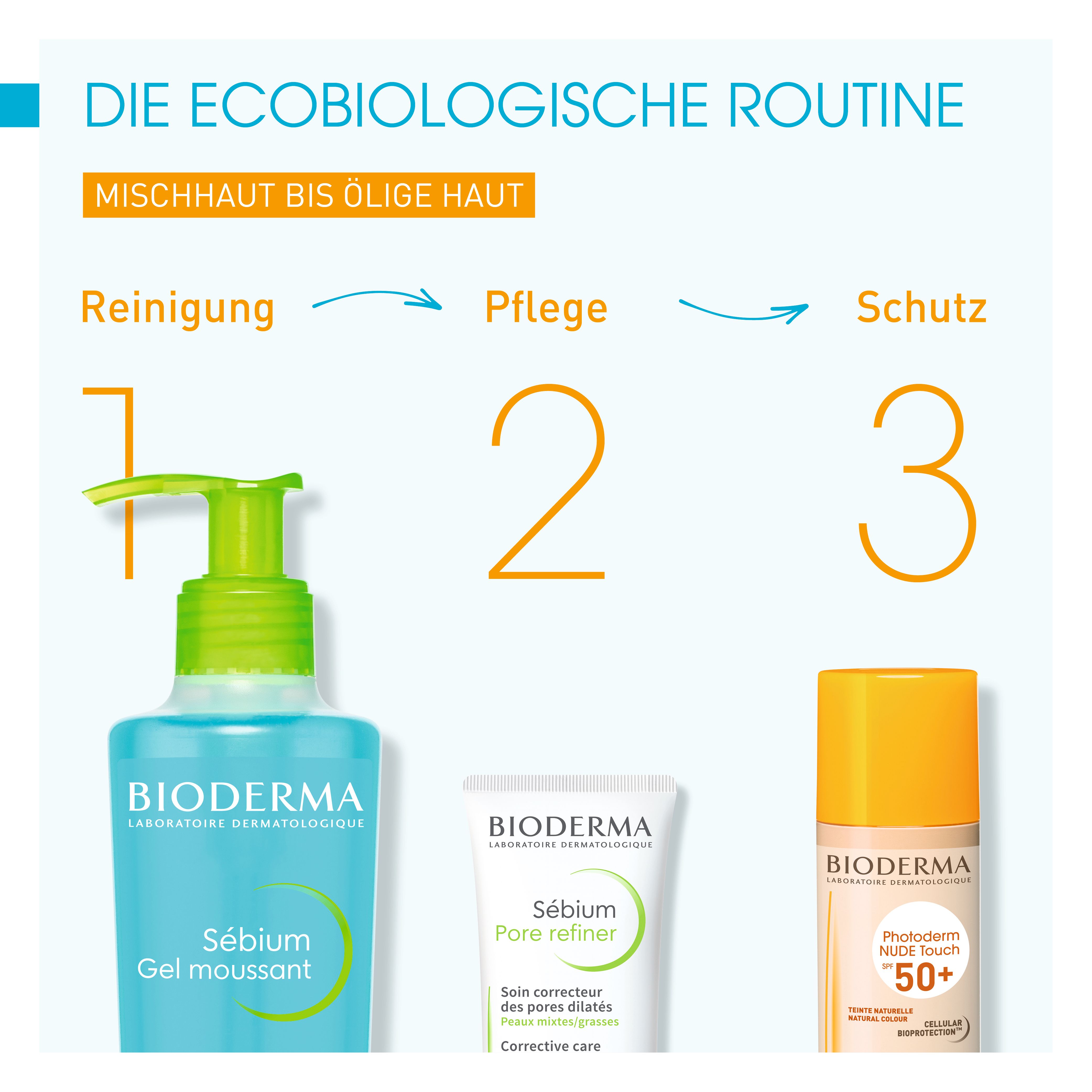 BIODERMA-Produktreihe für Mischhaut bis fettige Haut. Reinigung, Pflege, Schutz. Produkte: Sébium Gel moussant, Pore Refiner, Photoderm NUDE Touch.