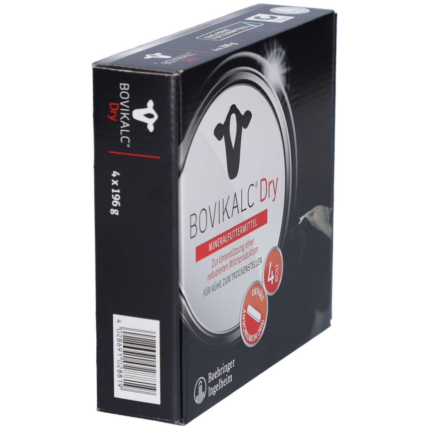 Schwarze Verpackung BOVIKALC Dry, 4x196g. Logo und Produktname. Marke Boehringer Ingelheim.