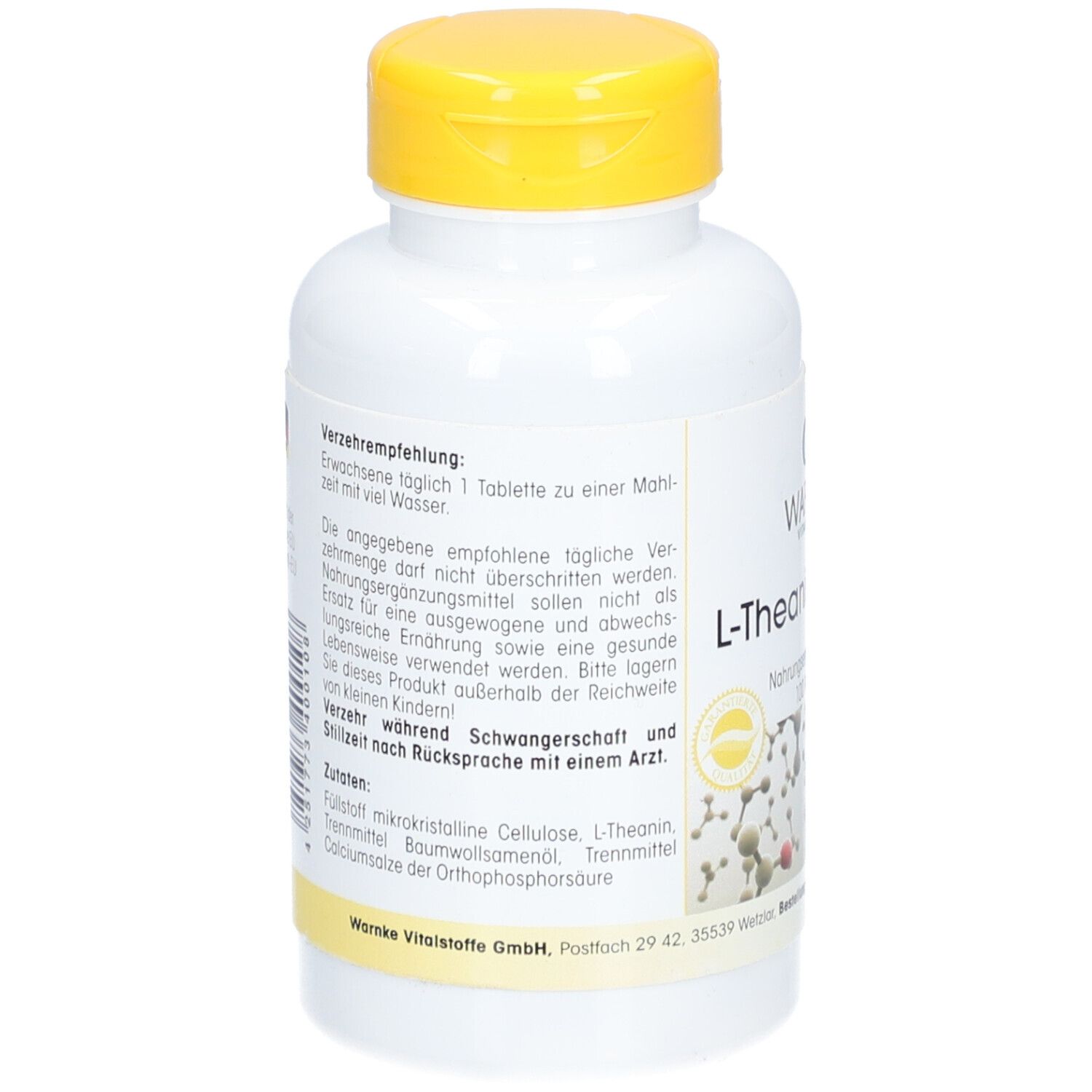 Rückseite der weißen Flasche mit gelbem Deckel. Text über empfohlene Tagesdosis, Inhaltsstoffe und Warnhinweise.