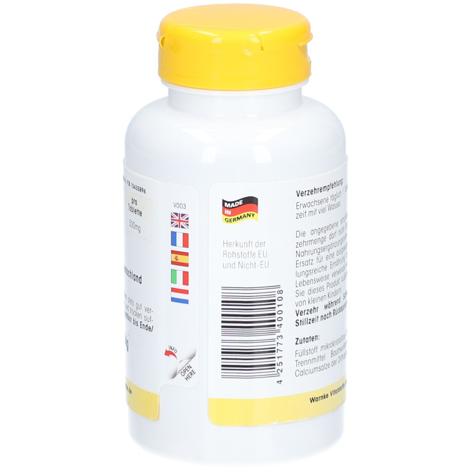 Rückseite der weißen Flasche mit gelbem Deckel. Text, Barcode, Herkunft: Made in Germany, Flaggen.