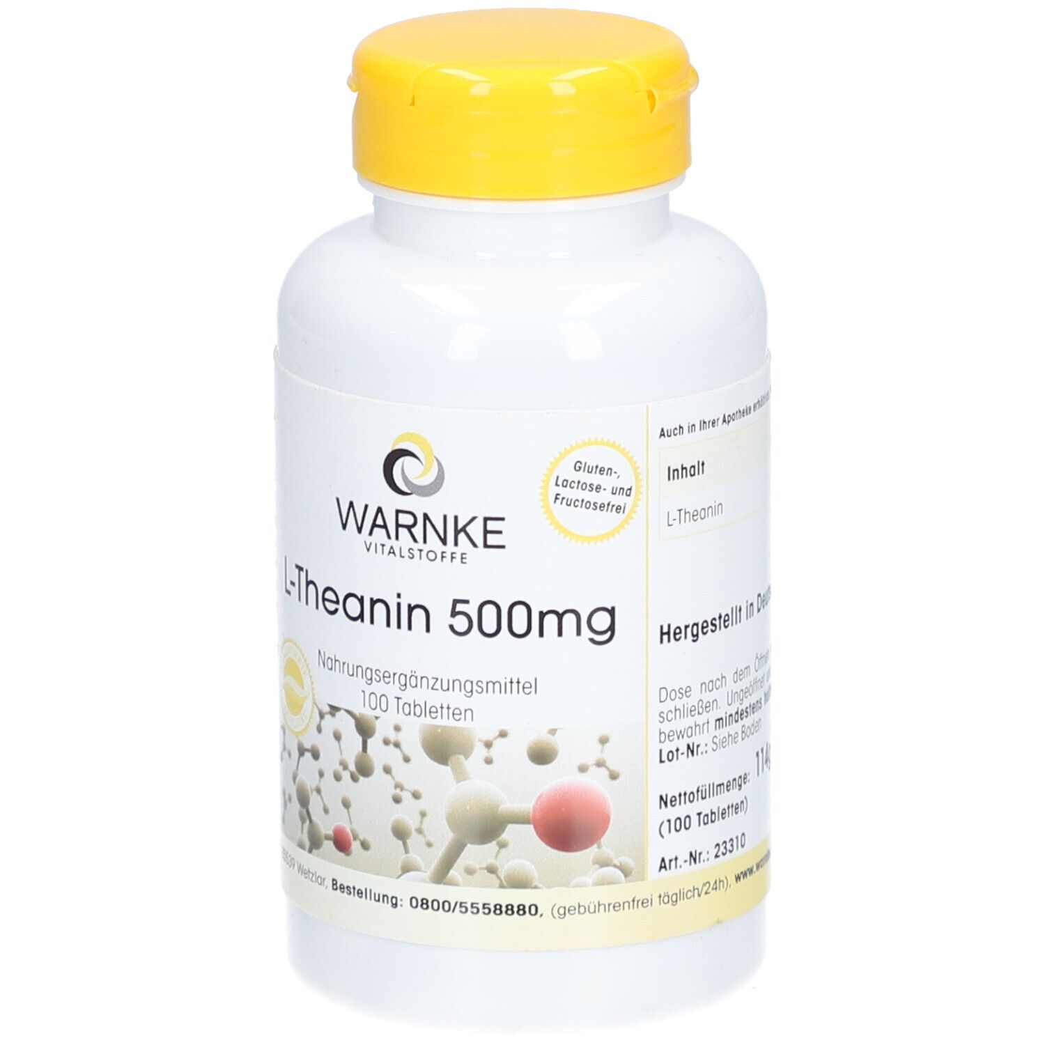 Weiße Flasche mit gelbem Deckel. Aufschrift: WARNKE, L-Theanin 500mg, 100 Tabletten. Gluten- und laktosefrei.