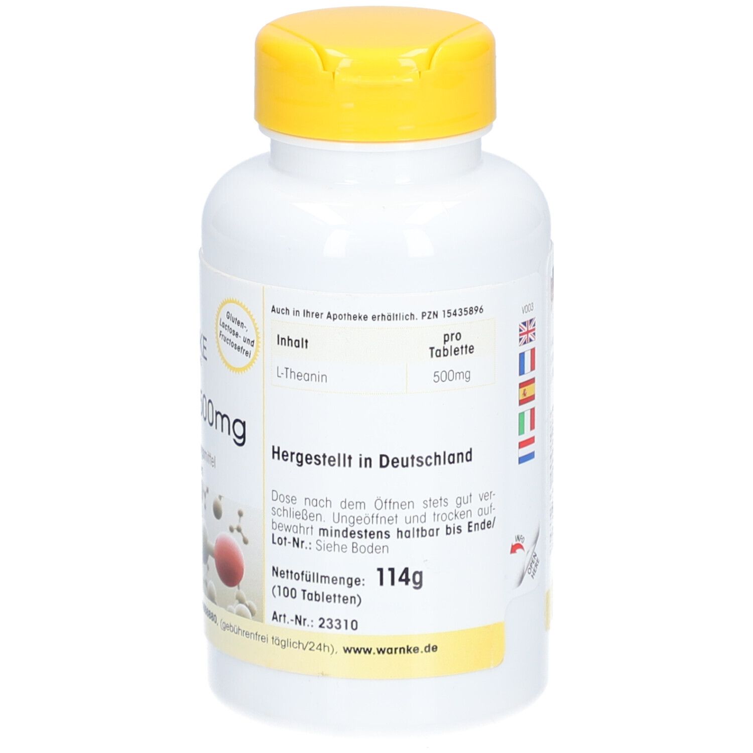 Weiße Flasche mit gelbem Deckel. Aufschrift: WARNKE, L-Theanin 500mg, 100 Tabletten. Nettogewicht: 114g. Hergestellt in Deutschland.
