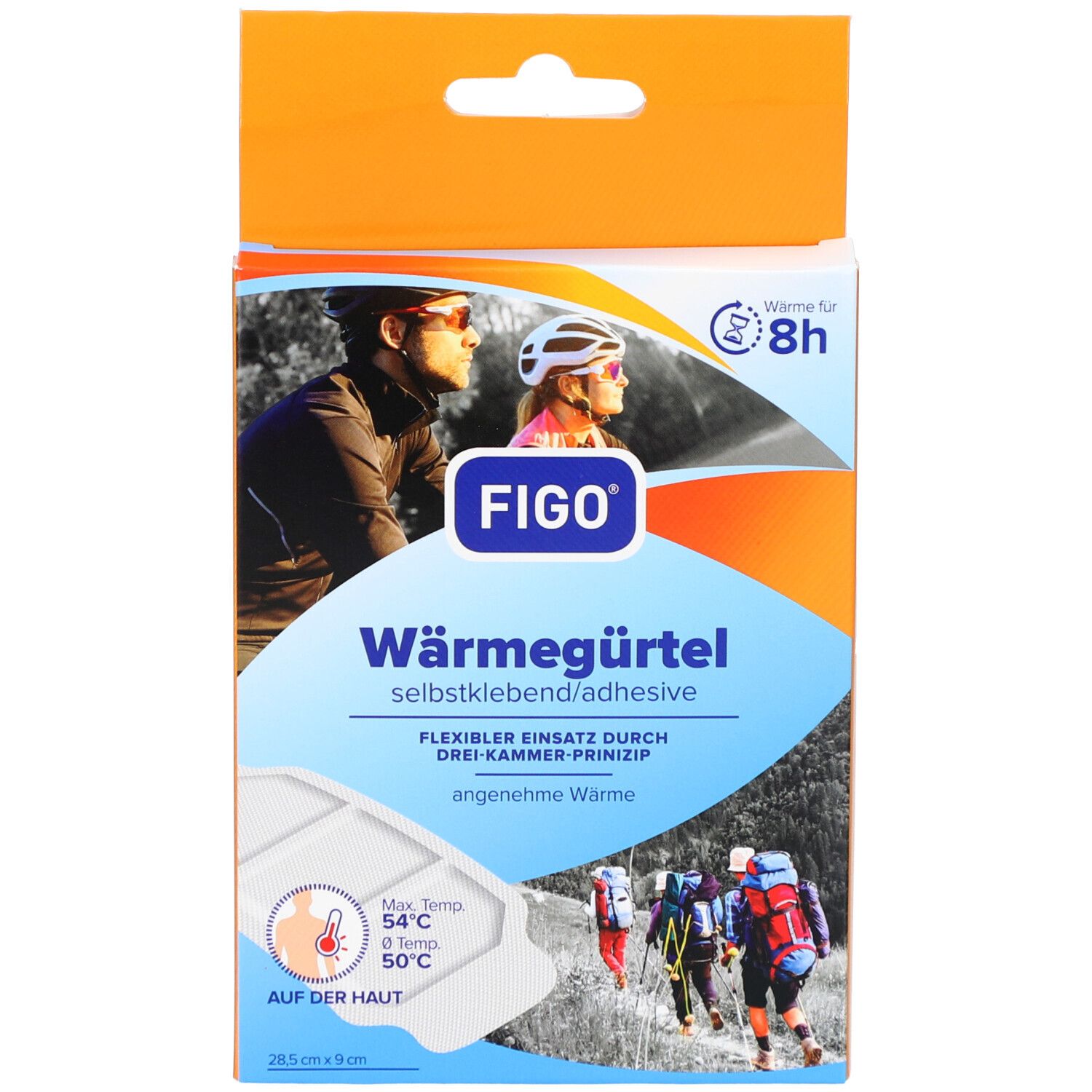 Verpackung mit FIGO Wärmegürtel. Weißes Produkt mit Text. Orangefarbener Hintergrund mit Abbildung von Personen beim Sport und Wandern.
