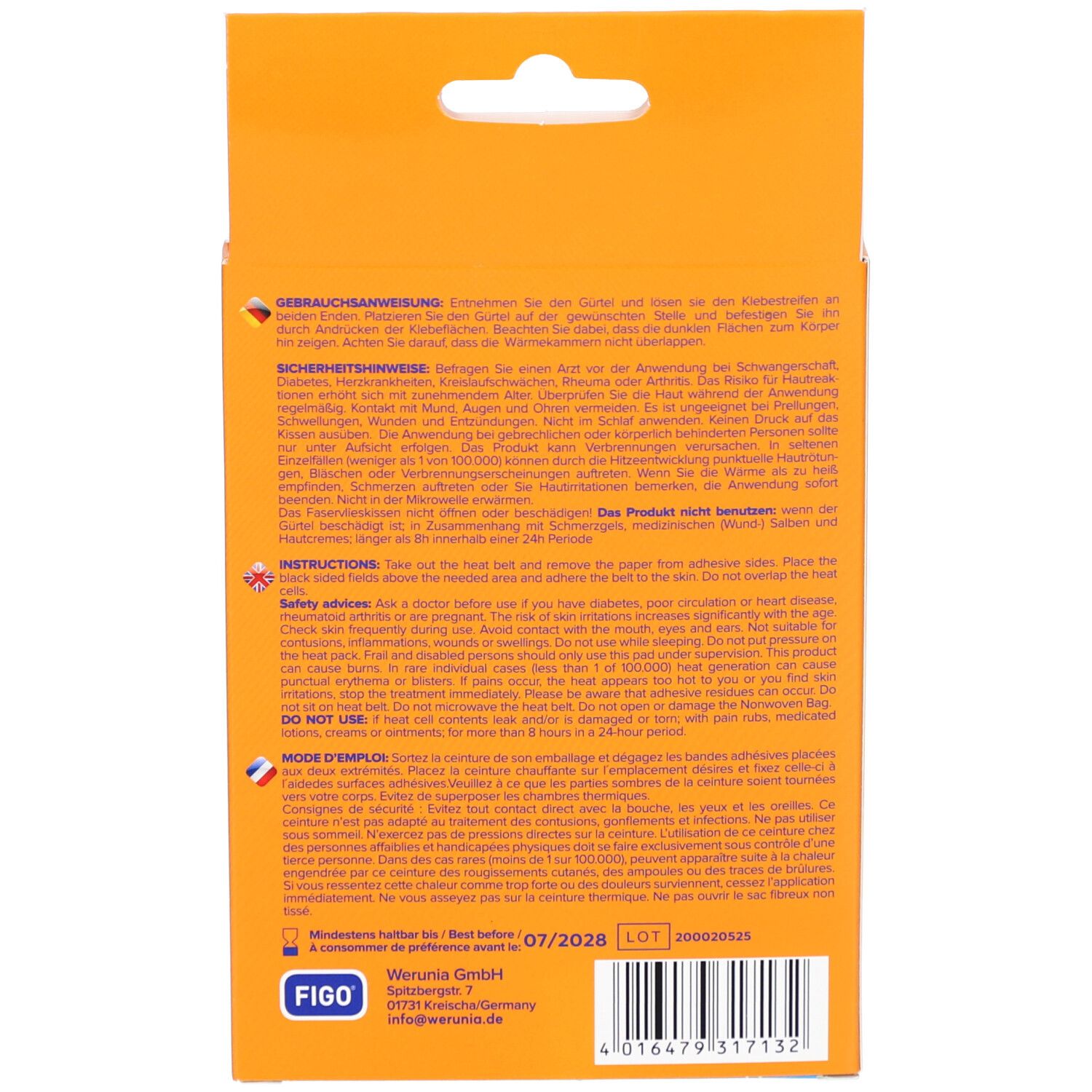 Rückseite der Verpackung mit Text. Orangefarbener Hintergrund. Text in Deutsch und Englisch. Barcode und Logo unten.