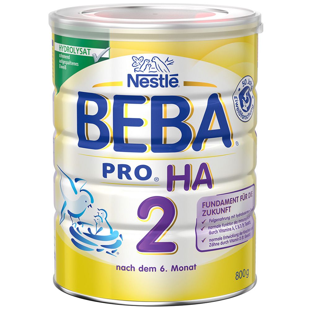 Nestlé BEBA PRO HA 2, Folgenahrung. Dose mit Deckel. Gelb, blau und weiß. Text: Hydrolysat, nach dem 6. Monat.