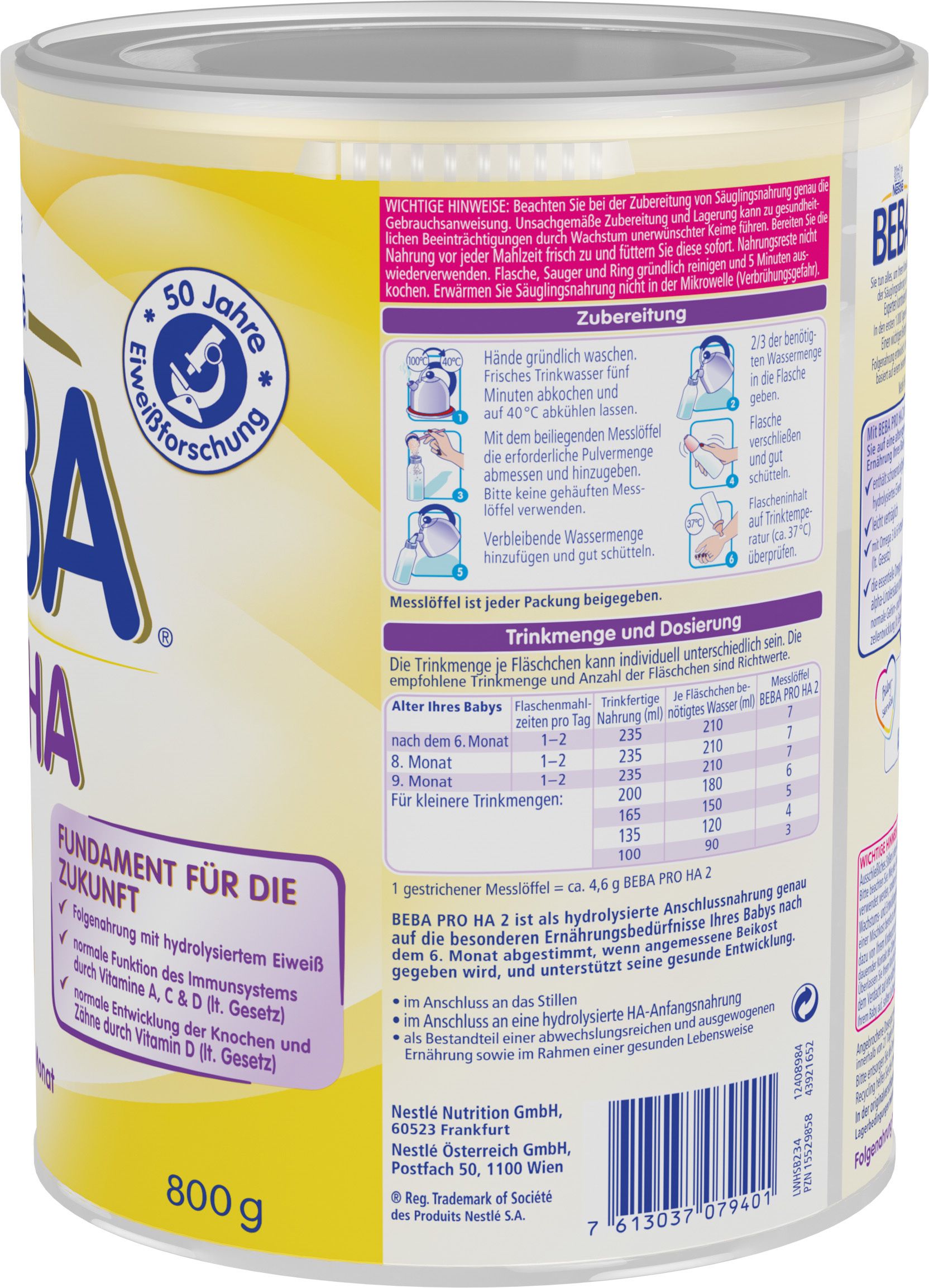 Rückseite der Nestlé BEBA PRO HA 2 Dose. Text: Zubereitung, Trinkmenge und Dosierung, Hinweise. 800g. 50 Jahre Forschung.