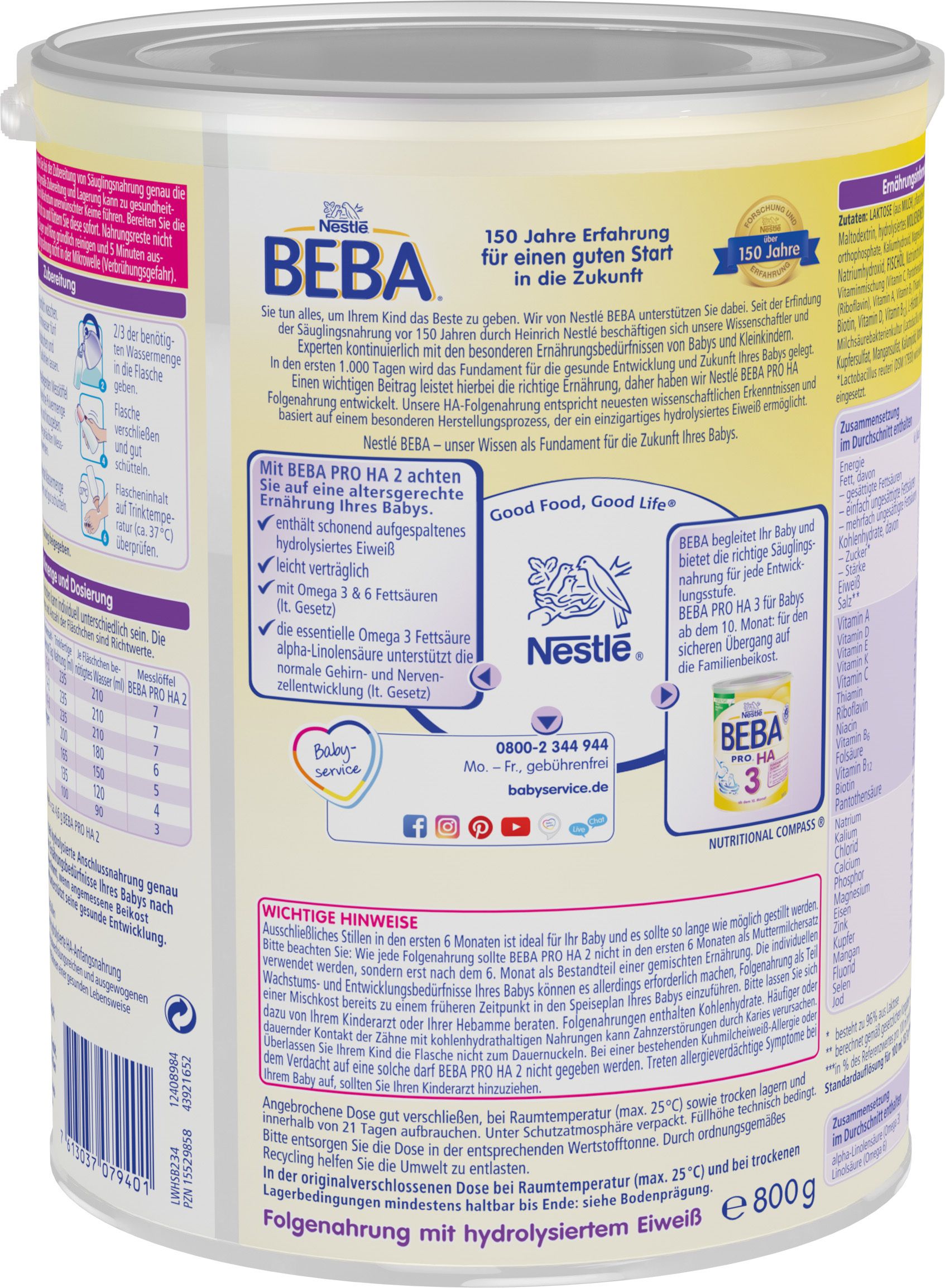 Rückseite der Nestlé BEBA PRO HA 2 Dose. Text: 150 Jahre Erfahrung, wichtige Hinweise, Folgemilch mit hydrolysiertem Eiweiß. 800g.
