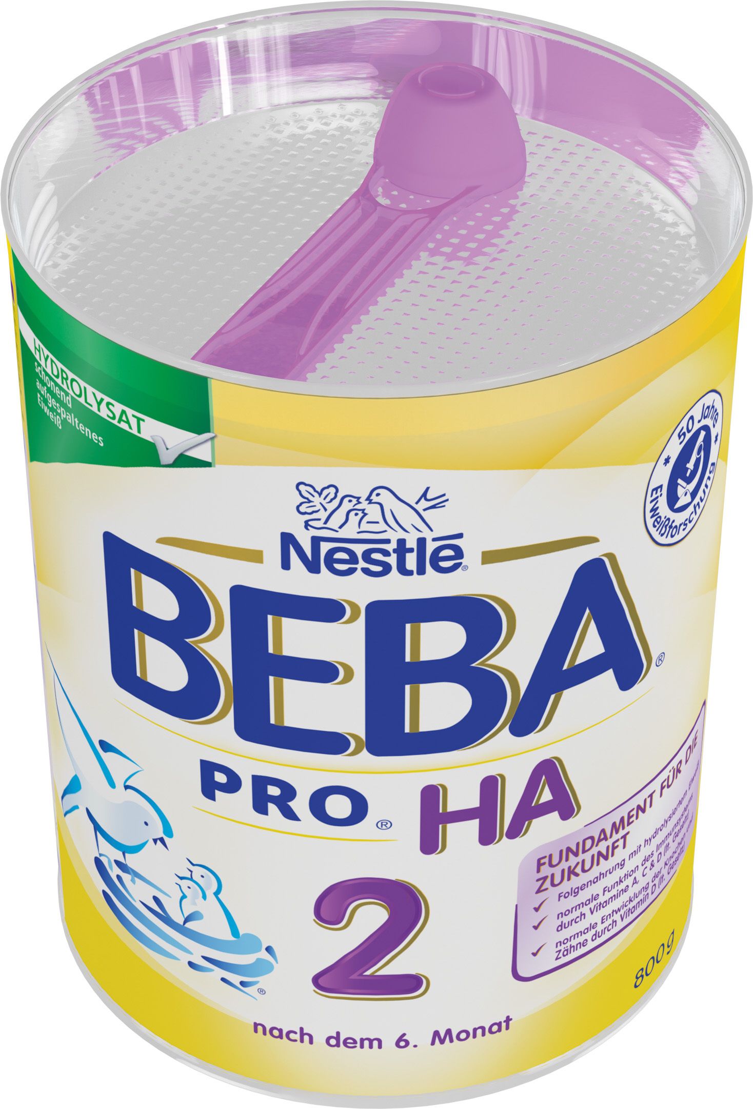 Nestlé BEBA PRO HA 2 Dose mit Deckel. Gelb, blau und weiß. Text: Hydrolysat, nach dem 6. Monat, 800g. Mit Messlöffel.